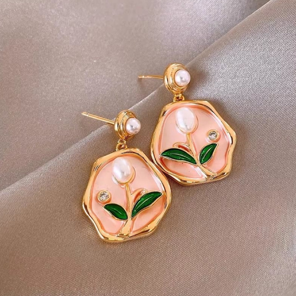 Pink garden earrings with golden glaze