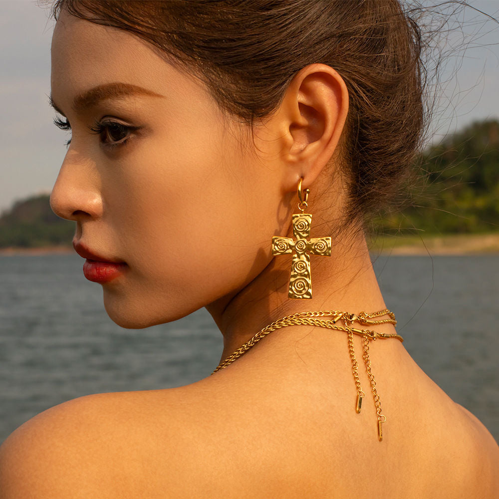 Hammered cross necklace and earrings