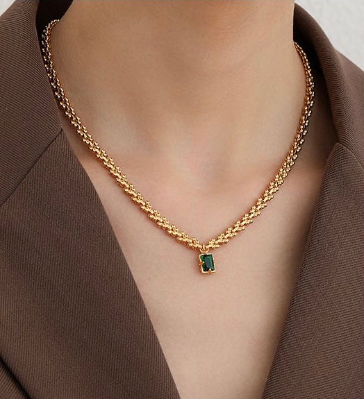 Golden wheat chain square pendant necklace