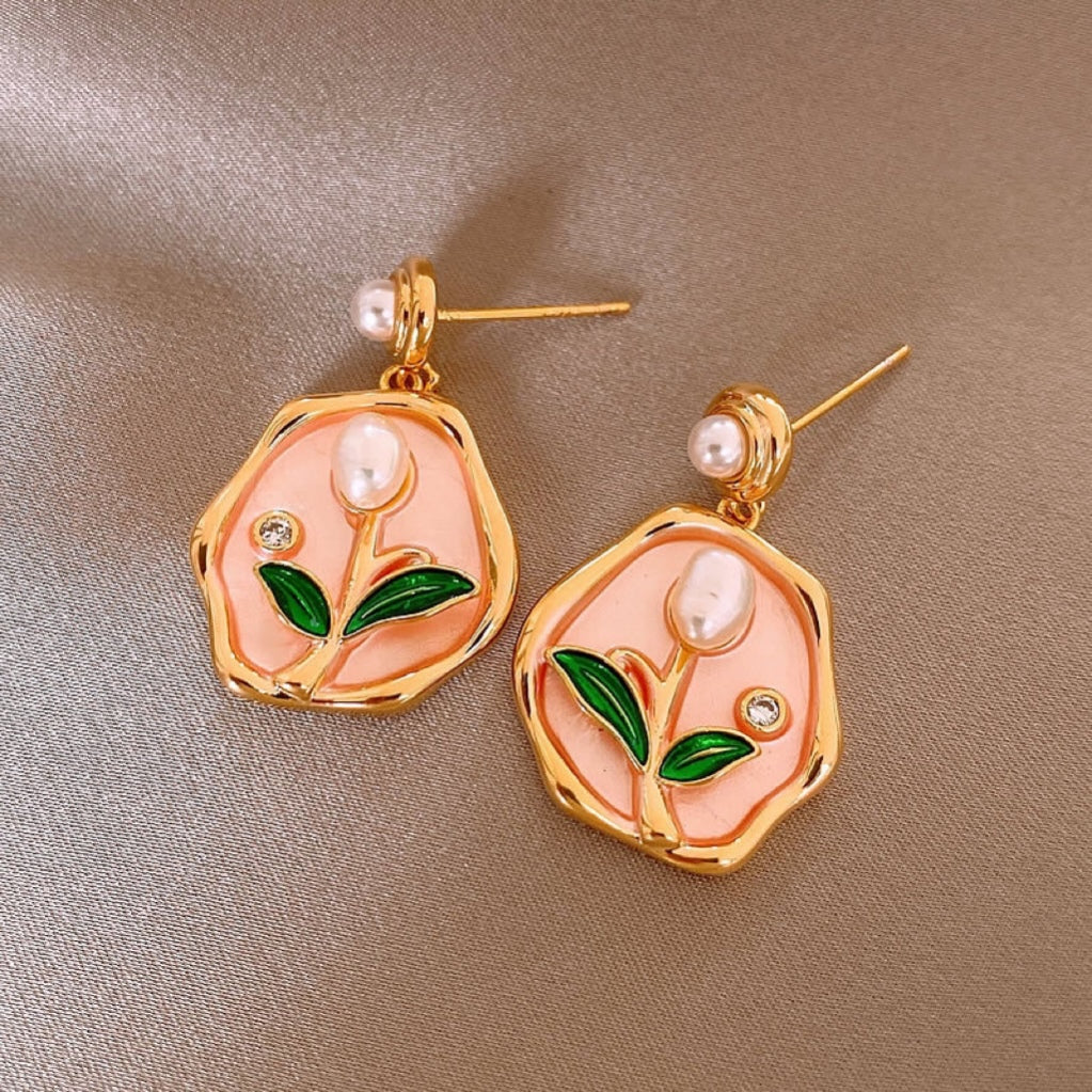 Pink garden earrings with golden glaze