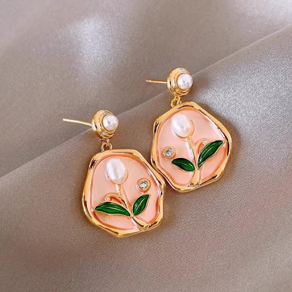 Pink garden earrings with golden glaze