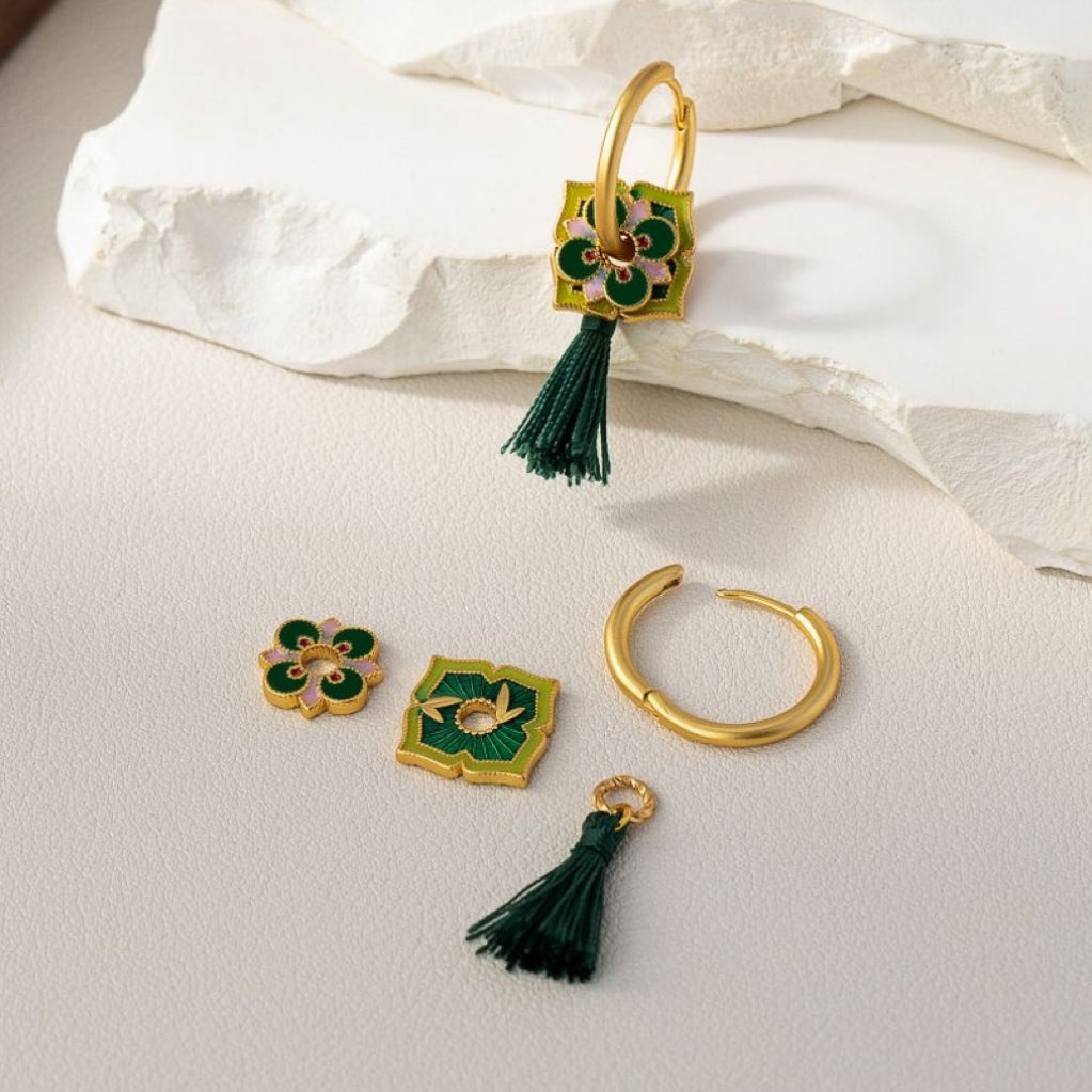 Green flower earrings with golden glaze