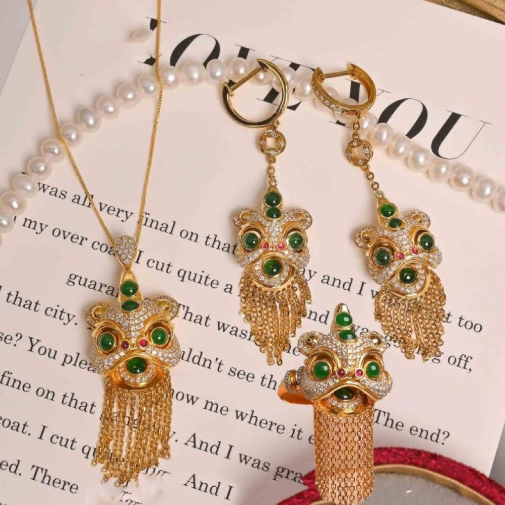 Golden lion green jade earrings