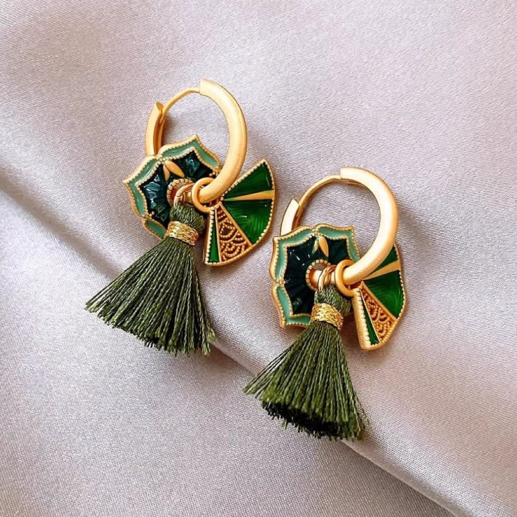 Green scalloped earrings in golden glaze