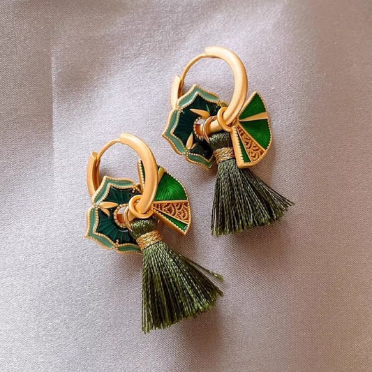 Green scalloped earrings in golden glaze