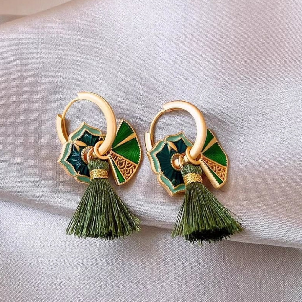 Green scalloped earrings in golden glaze