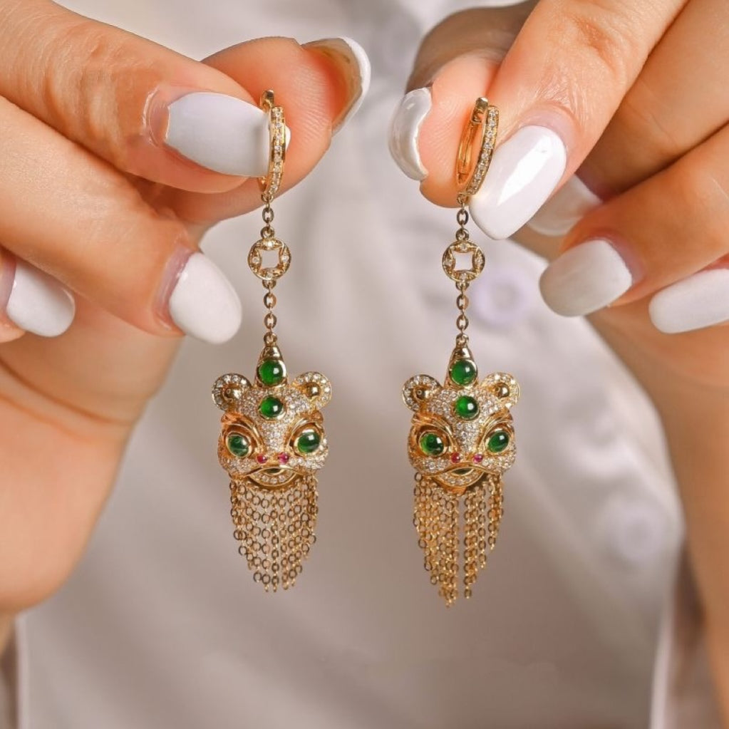 Golden lion green jade earrings