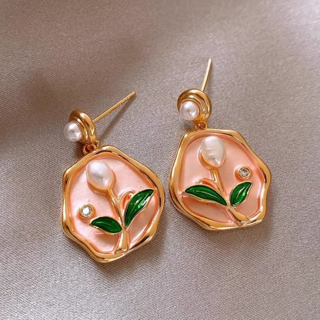 Pink garden earrings with golden glaze