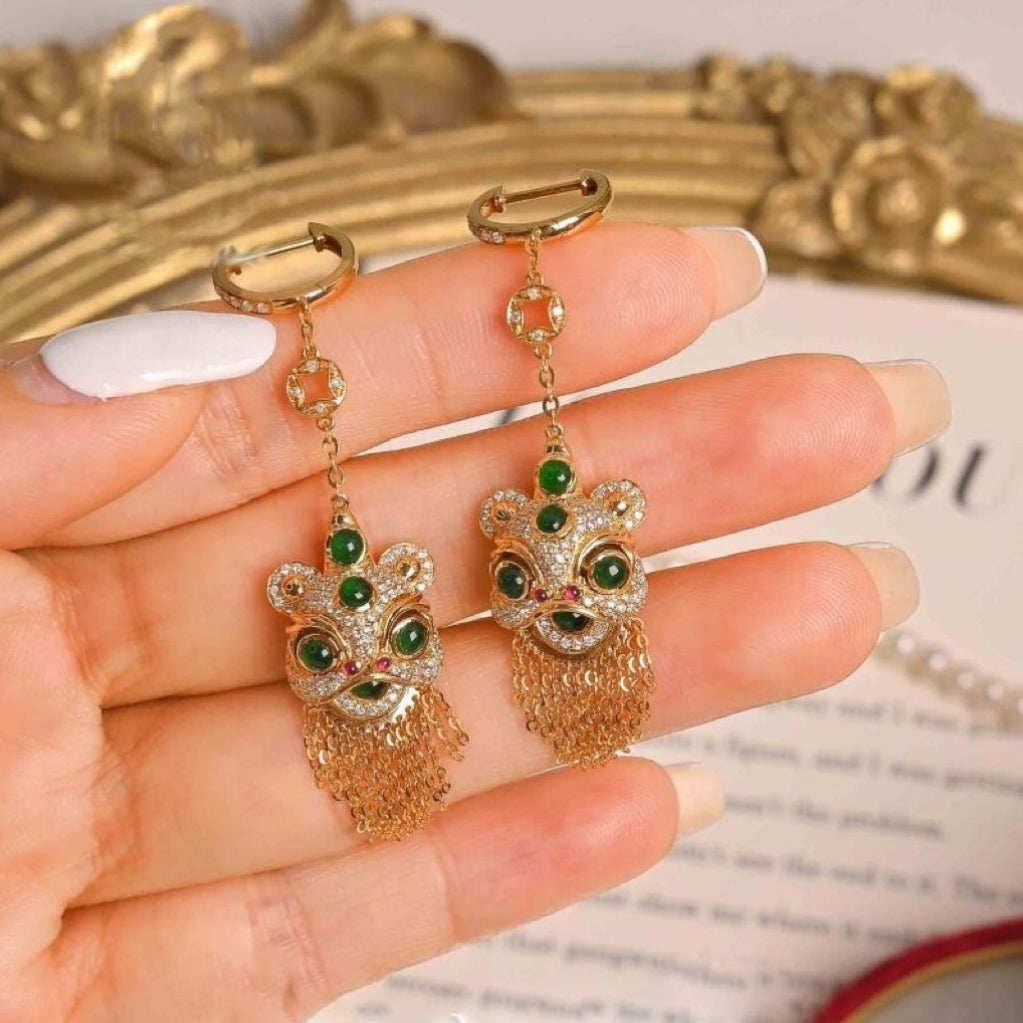 Golden lion green jade earrings